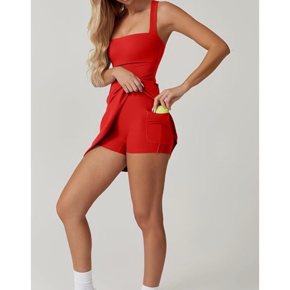 QINSEN Womens Red Tennis Dress Built in Shorts Pockets Square Neck Mini SZ Small - Picture 5 of 10